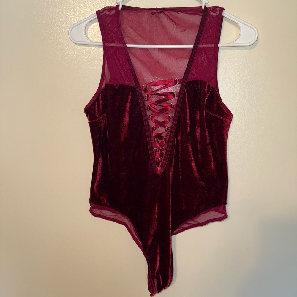 Elegant Burgundy Lace-Up Velvet Bodysuit